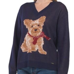 Jones New York Navy V-Neck Sweater with Dog Motif